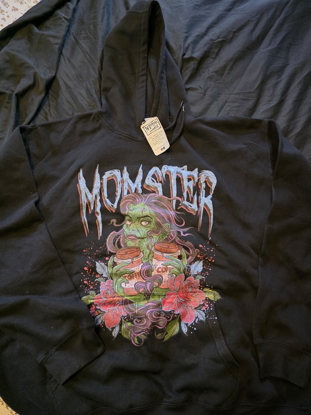 Momster Graphic Black Hoodie with Colorful Monster Art